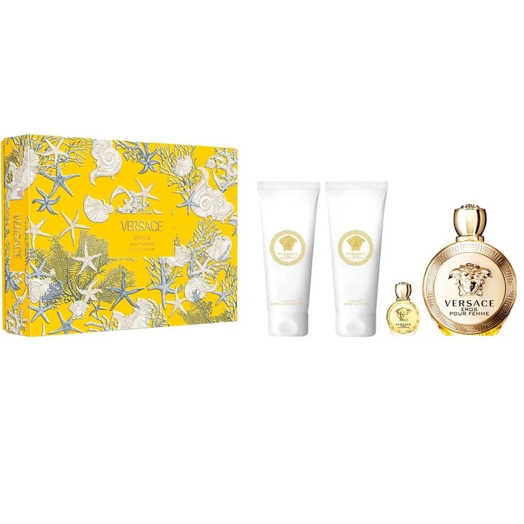 Versace Eros Pour Femme Gift Set EDP 100ML + Shower Gel 100ML + Body Lotion 100ML + Travel Spray 5MLB