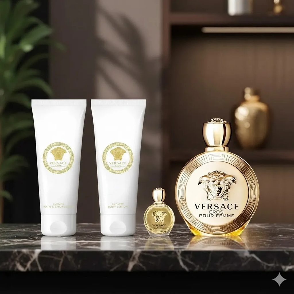 Versace Eros Pour Femme Gift Set EDP 100ML + Shower Gel 100ML + Body Lotion 100ML + Travel Spray 5MLA