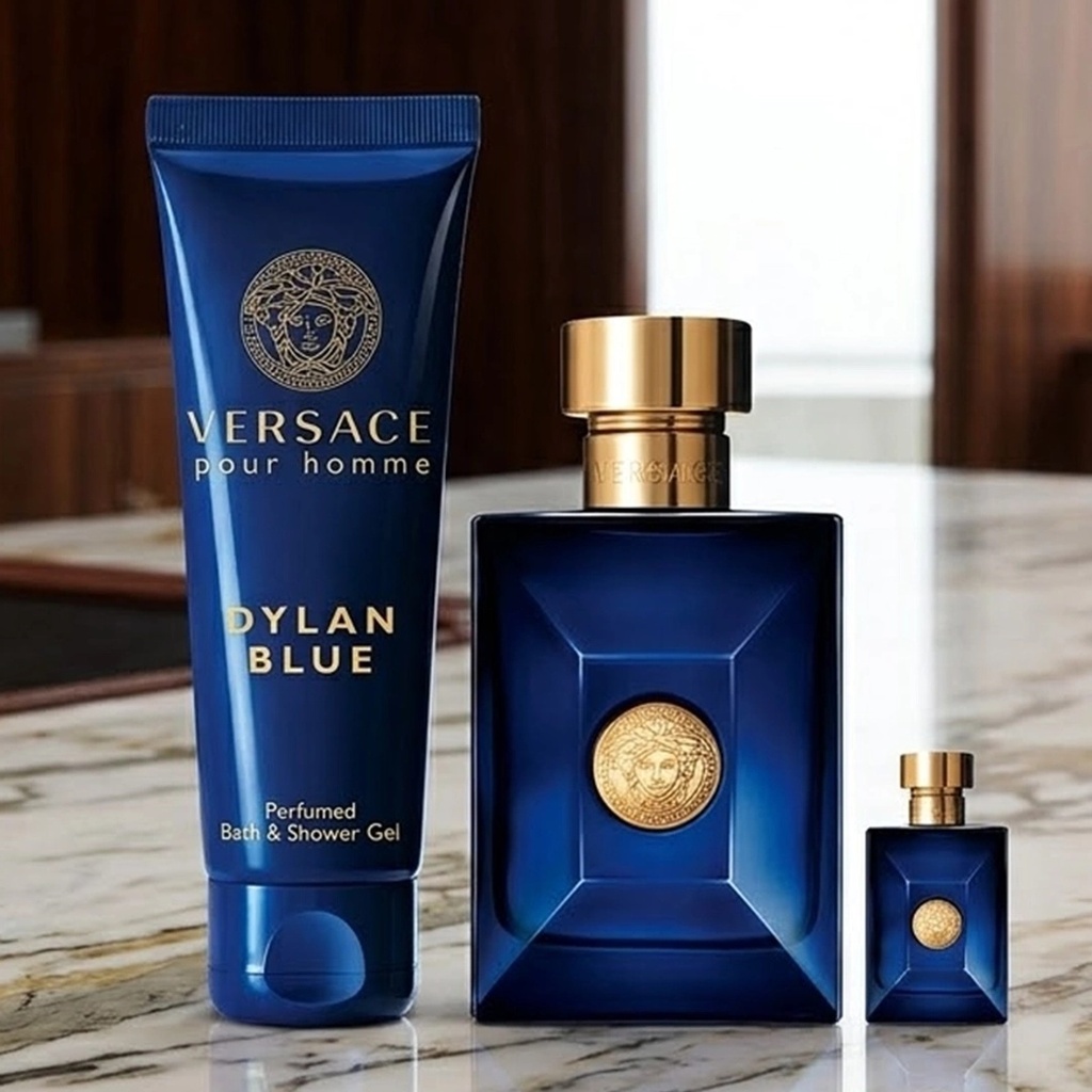 Versace Dylan Blue Men Gift Set EDT 100ML + Bath And Shower Gel 100ML + Travel Spray 5MLA