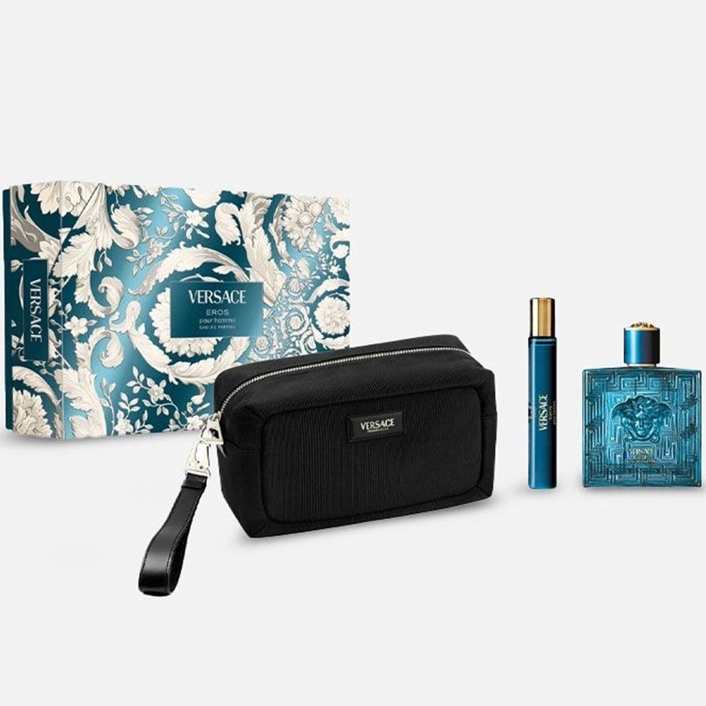 Versace Eros Pour Homme Men Gift Set ( EDT 100ML + Travel Spray 10ML + Trousse)